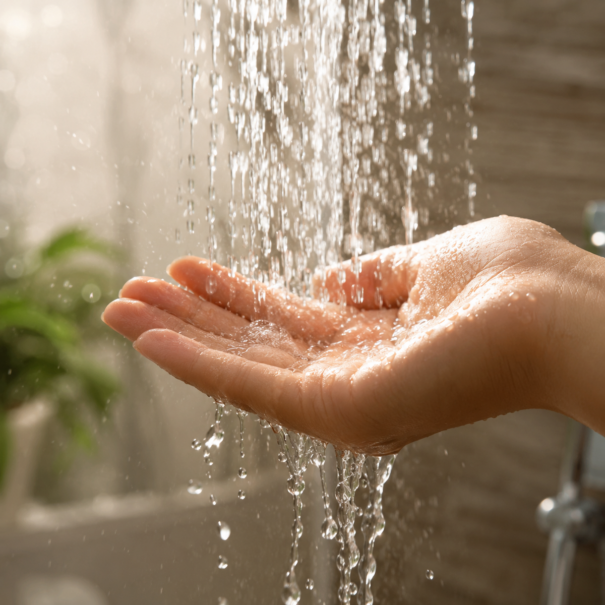 Agua limpia y filtrada cayendo sobre una mano en la ducha